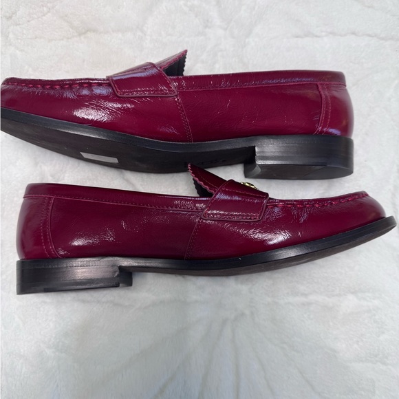 Tory Burch Burgundy Patent Leather Penny Loafers with Gold Logo - Picture 8 of 12